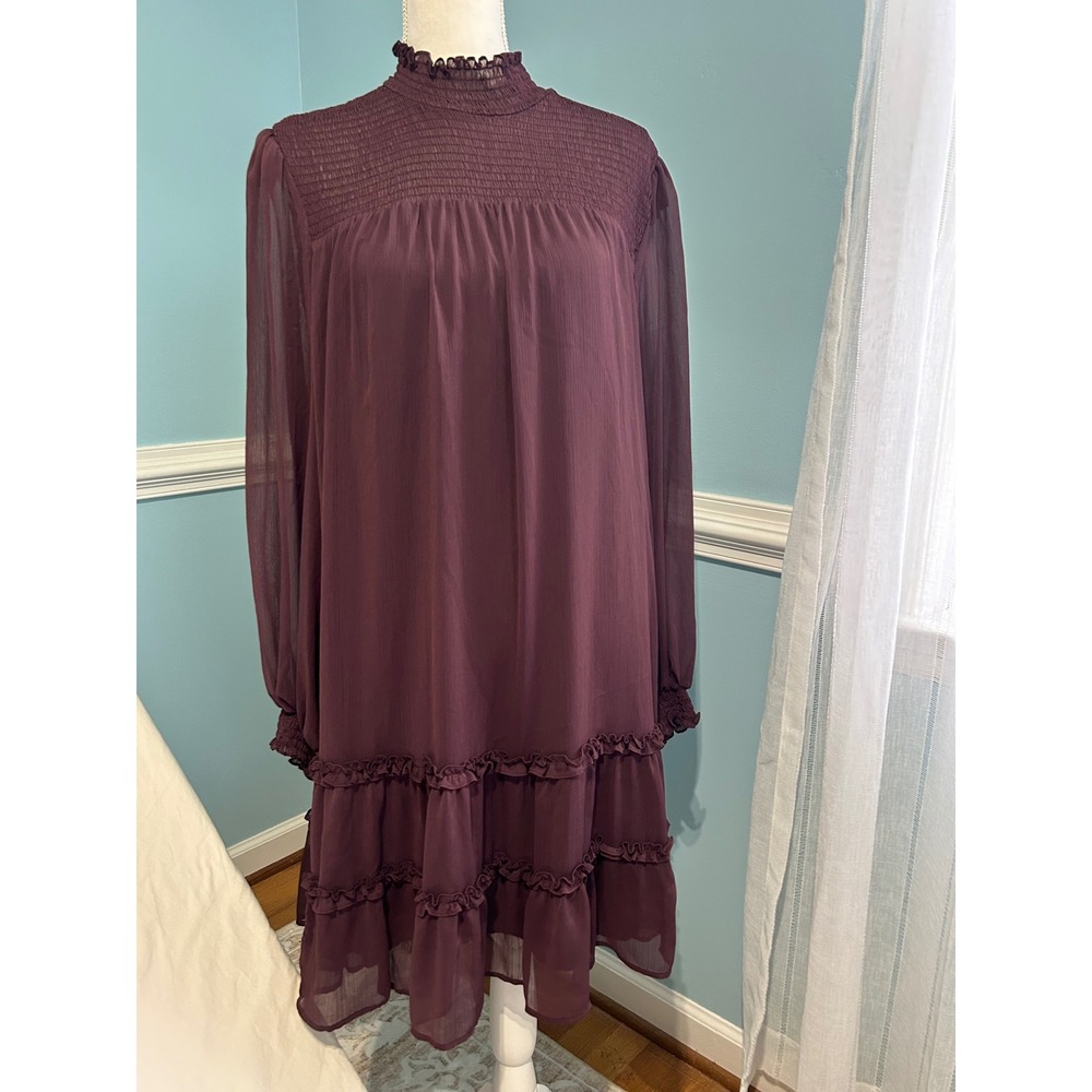 CeCe Womens XL Smocked Mock Neck Ruffle Tiered Chiffon Dress‎ Wine Long Sleeve